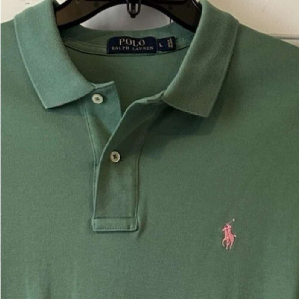 Polo Ralph Lauren Mens L 100% Cotton Short Sleeve Green with Pink Pony Preppy